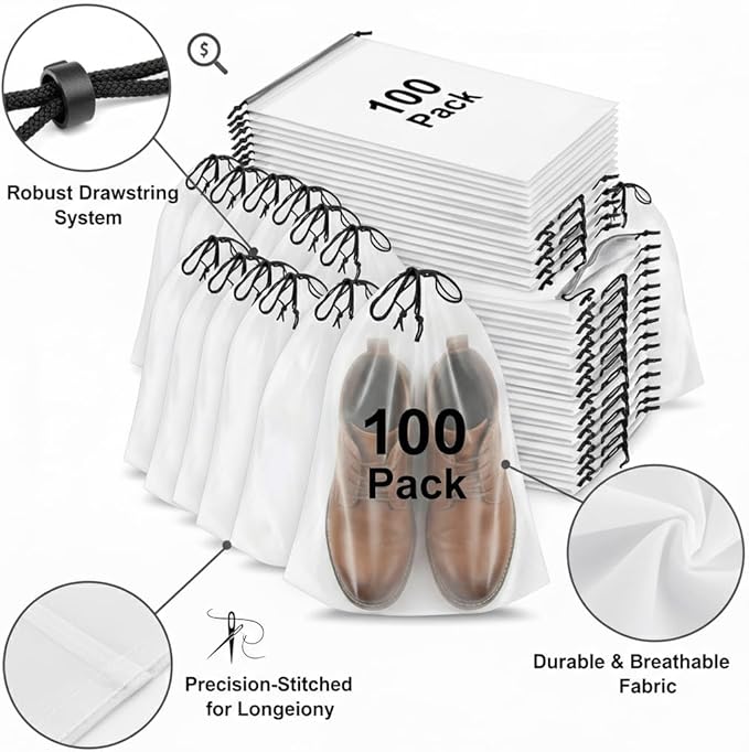 100 Pack Travel Shoe Bags, Waterproof Clear Shoe Storage Bags with Drawstring, Large Portable Shoe Organizer for Packing, 15.7 x 11.8 Inch Travel Essentials for Women and Men (Translucent)