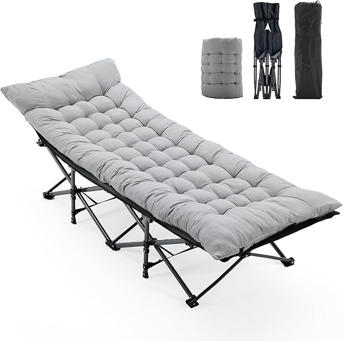 OLIXIS Folding Camping Cot, Rollaway Bed, Portable Camping Bed for Indoor & Outdoor, Sleeping Cot for Adults, 3.5'' Cushion, 440 lbs Sturdy Frame, Quick Setup, Compact Carry & Storage, Grey