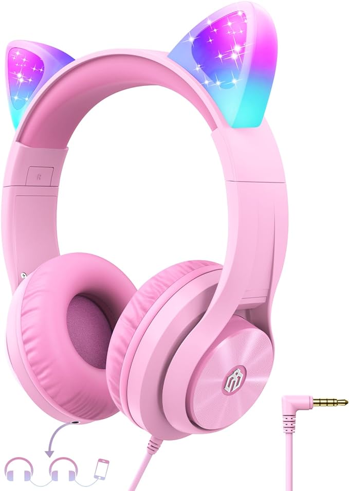 iClever Kids Headphones with Cat Ear Led Light Up, Safe Volume Limite, FunShare, Foldable, Over-Ear Headphones for Kids for School/iPad/Tablet/Travel, Meow Donut-Pink