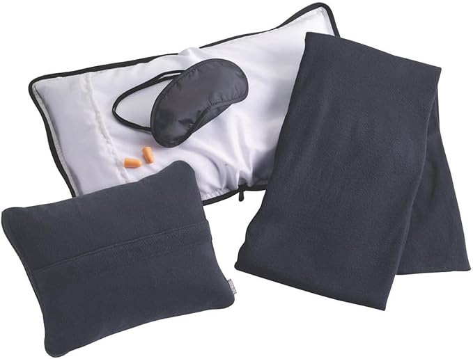 Lewis N. Clark Ultimate Comfort Set + Portable Travel Kit for Airplane, Includes Inflatable Pillow + Zippered Carrying Case, Cozy Fleece Blanket, Eye Mask for Sleeping & Foam Ear Plugs, Black