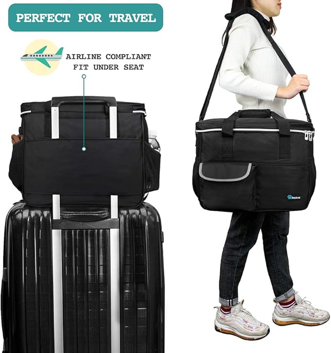 PetAmi Dog Travel Bag, Travel Pet Bag Organizer, Dog Food Travel Bag with Container Collapsible Bowls, Pet Travel Supplies Gift Accessories for Weekend Camping, Puppy Cat Diaper Bag, Black Medium