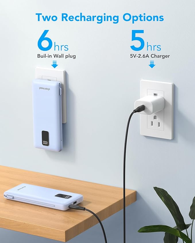 charmast Portable Charger with Built-in Cables and Wall Plug, 10000mAh USB C Portable Power Bank, Potable Phone Charger, Travel Essentials Compatible with iPhones, Samsung Galaxy, iPad