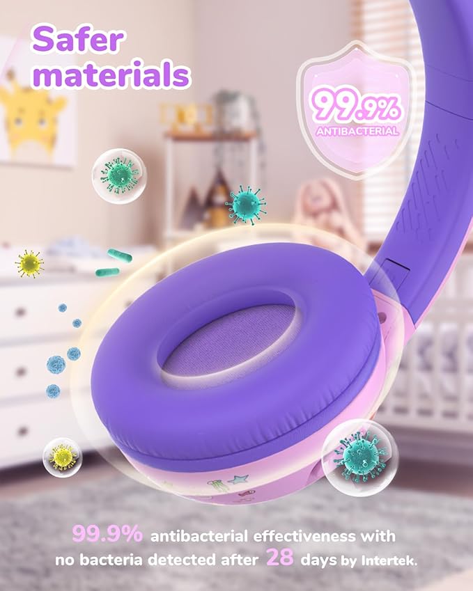 iClever BTH27 Toddler Headphones for 2+ Year Old-CPC Certified, 75/80dBA Safe Volume Limited, 74H Playtime, Bluetooth 5.4, BPA Free, Kids Bluetooth Headphones Aux Cord for Travel iPad, Purple