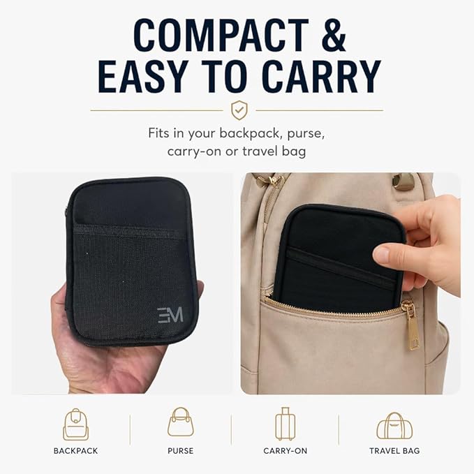 EM Premium Products RFID Protection Travel Wallet & Passport Holder – Zippered Organizer Case with AirTag card holder – Holds Cards, Cash, ID, Tickets