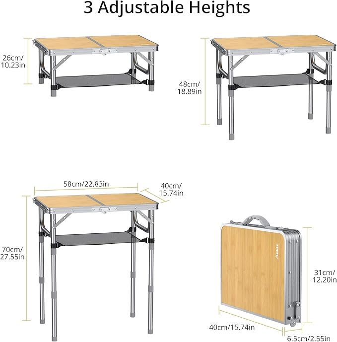 Anbte 2ft Camping Table Foldable, 3 Adjustable Heights High 27.5" Aluminum Small Folding Table with Carrying Handle, Portable, for Outdoor Indoor Picnic Beach BBQ Travel, 24" x 16", Light Oak Grain