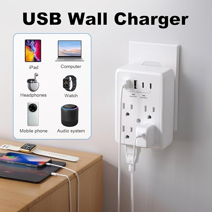 Multi Plug Outlet Extender Surge Protector Adapter, 6 Outlet with 4 USB Ports (2 USB C) 980J Power Strip Wall Charger Spaced for Travel,Home, Office, Dorm Room, White 2 Pack