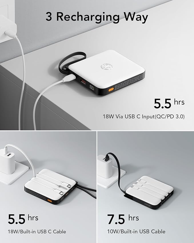 VRURC 20000mAh Portable Charger with Built-in Cables, 22.5W Fast Charging Power Bank, USB C Battery Pack Travel Essentials for iPhone 17 16 15 14 13, Samsung Galaxy S26 S25, LED Display, White