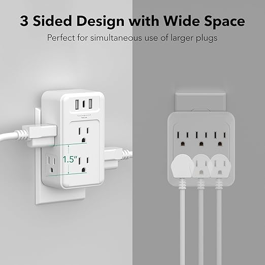 BN-LINK Multi Plug Outlet 2 Pack, 6 Wall Outlet Extender with 3 USB Charging Ports (1 USB C) Total 3.4A, 3-Sided Outlets Splitter Multiple Outlet Wall Plug for Home Office Dorm Room