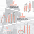 Manicure Set Professional Nail Clippers Pedicure Kit, 16 pcs Stainless Steel Nail Care Tools Grooming Kit with Luxurious Travel Leather Case for Thick Nails Men Women Gift (Pink)