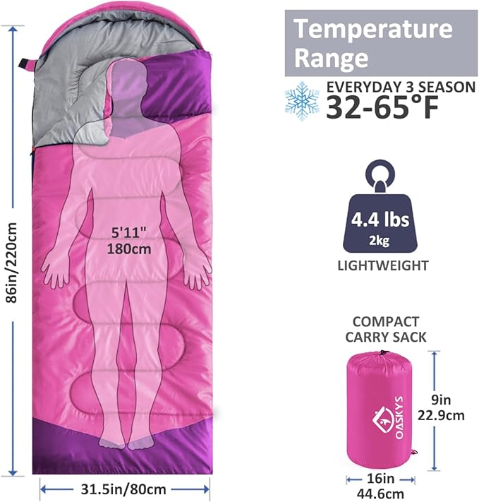 oaskys Camping Sleeping Bag - 3 Season Warm & Cool Weather - Summer Spring Fall Lightweight Waterproof for Adults Kids - Camping Gear Equipment, Traveling, and Outdoors