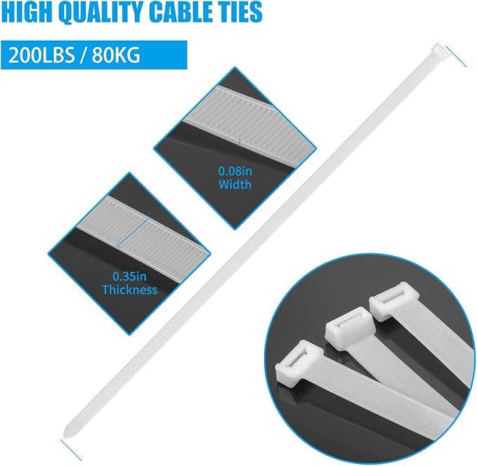 Armpow 18 inch White Zip Ties Heavy Duty 100 PACK, 200 LBS Ultra Exclusive Strong Plastic Wire Ties, Large Cable Ties Extra Long Tie Wraps, Indoor and Outdoor UV Resistant