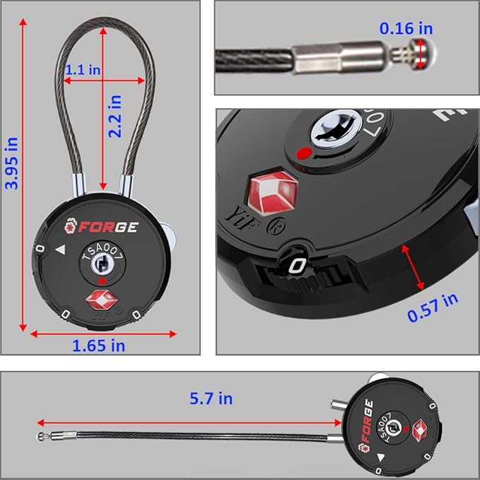 Forge Quality TSA Approved Luggage Locks for Travel Accessories, Suitcase, Pelican case, Ammo Boxes, Set Your own Combination, Zinc Alloy Body-Cable Black 4 Locks