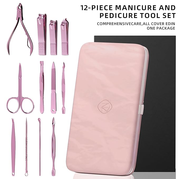 ZIZZON Professional Nail Care Kit, 12-Piece Manicure & Pedicure Grooming Set with Travel Case, Stainless Steel Nail Clippers, Cuticle Trimmer & Beauty Tools, Portable Gift Set(Pink)