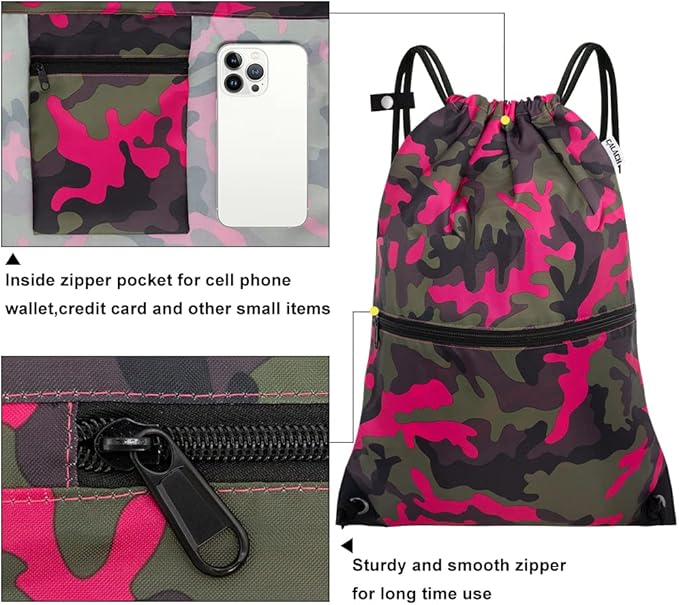 draw string back bag, Large Gym Sports string backpack for men and women with front zipper pocket and inside zipper pocket to keep key or phone(Pinkgreen camo)