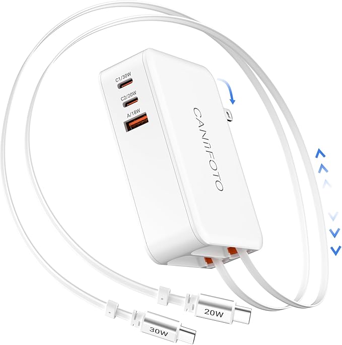 5-in-1 Retractable Wall Charger with Dual Cables, 50W Retractable Phone Charger with Dual 3.3FT USB C Cables, 30W Fast Charging Block Wall Plug for iPhone 17 16 15 Pro Max, G-alaxy S26 S25, i Pad