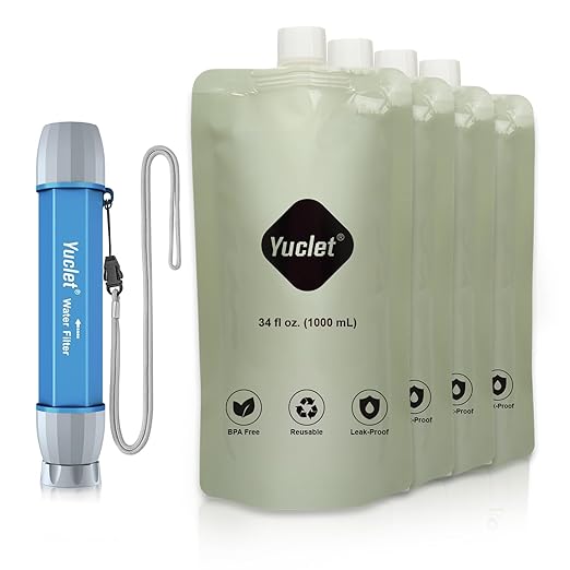 Yuclet Squeeze Water Filtration System with Four 34-Oz Squeezable Pouches and 0.1 Micron Filter Straw, Portable Water Purifier Survival for Backpacking, Camping, Hiking and Emergency Preparedness