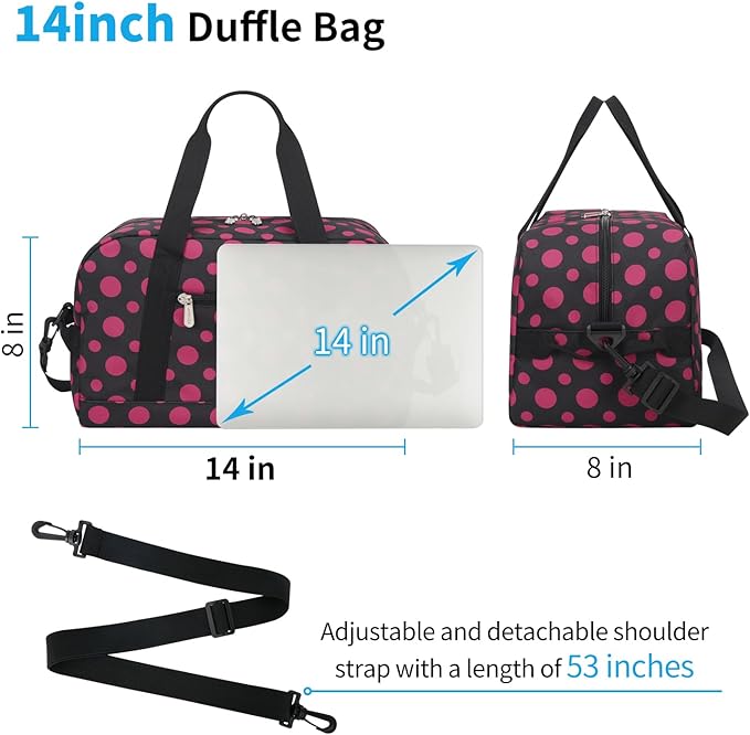 Apenze Small Gym Bag 14 inch lightweight Carry On Mini Duffel Bag for Travel Sport - Polka Dot Pink