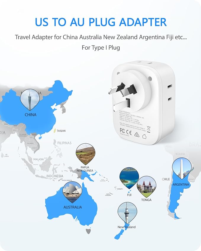 LENCENT Australia New Zealand Power Plug Adapter, US To Australia Plug Adapter with 4 Outlets, 4 USB Ports(2 USB C), Type I Plug Converter for US to AU Argentina China Fiji, Travel Essentials