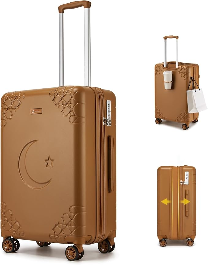 Somago Expandable Carry On luggage with Shock-Absorbing Braking Spinner Wheels Moon Star Design Hard Shell Suitcase with Cupholder TSA Lock (Toffee Brown,Expandable 20 Inch)