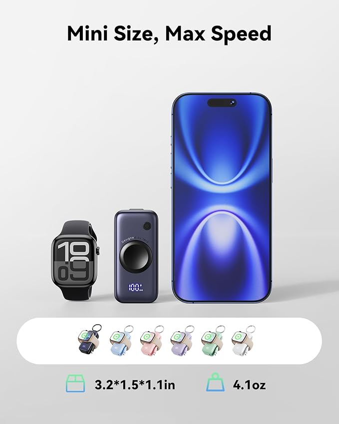 INIU 3-in-1 Portable Charger, 5000mAh Power Bank with Watch Charger & Built-in Cable, Compact 20W Fast Charging Battery Pack, Key Chain & Travel Essential for iPhone 16 15, Apple Watch, AirPods, etc