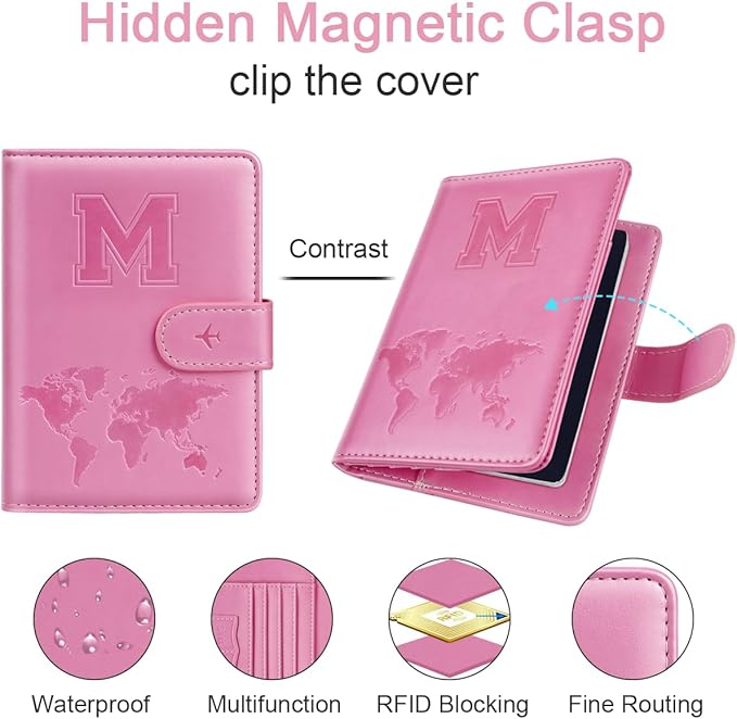 Passport Holder Cover Initail Letter A-Z Travel Wallet Embossed Design RFID Blocking Card Holder Personalized Gift Passport Cover Wallet, Passport Book Holders for Women and Girls, Pink-M