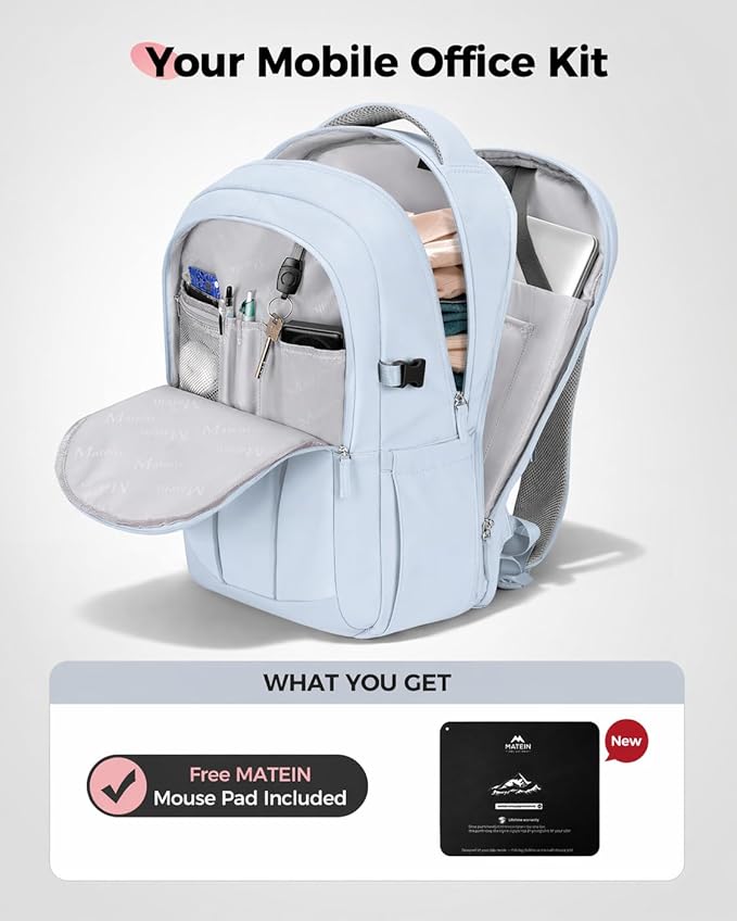 MATEIN HER Nurse Backpack for Women with Lunch Compartment, Water Resistant Work Backpack with Water Bottle Holder & RFID Pocket, Commute Office Business Travel Bag Fits 17.3'' Computer, Light Blue