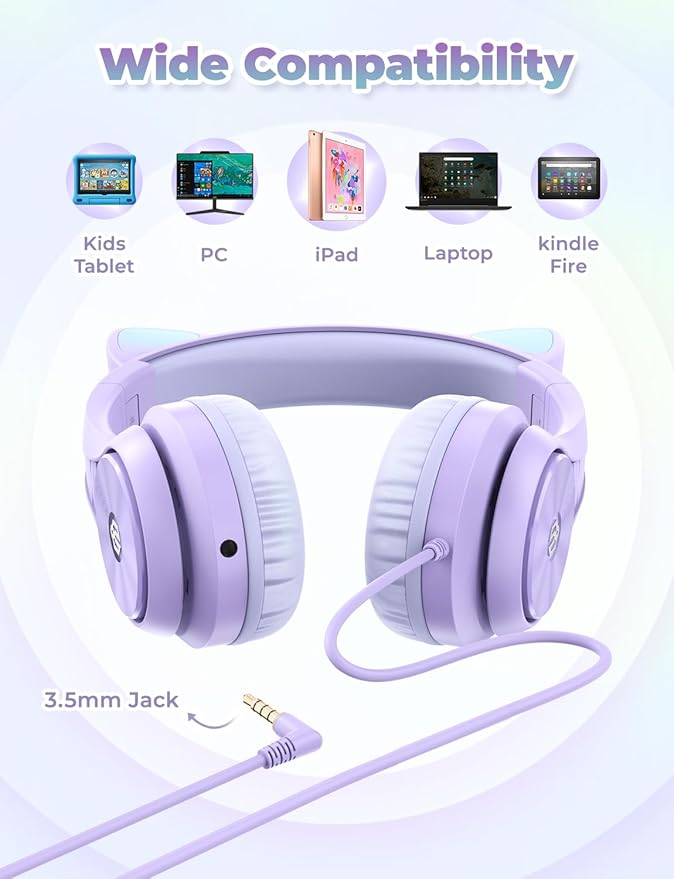 iClever Kids Headphones with Cat Ear Led Light Up, Safe Volume Limite Wired Headphones with FunShare Foldable Over-Ear Headphones for Kids/School/iPad/Tablet/Travel, Meow Donut-Purple