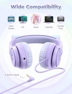 iClever Kids Headphones with Cat Ear Led Light Up, Safe Volume Limite Wired Headphones with FunShare Foldable Over-Ear Headphones for Kids/School/iPad/Tablet/Travel, Meow Donut-Purple
