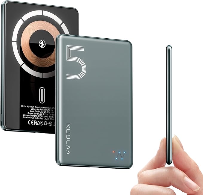 Kuulaa Magnetic Power Bank 5000mAh 0.28'' Ultra Slim Portable Charger Magsafe Battery Pack for iPhone Air/16 Pro Max/15/14/13/12 Mini, Gris
