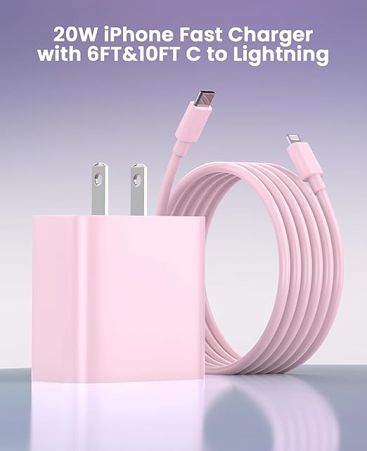FEEL2NICE iPhone Charger Fast Charging 2 Pack Type C Wall Charger Block with 2 Pack [6FT&10FT] Long USB C to Lightning Cable for iPhone 14/13/12/12 Pro Max/11/Xs Max/XR/X,AirPods Pro,Pink