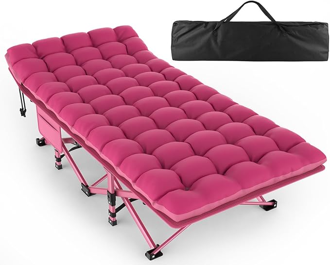 ZENPETIO Oversized XXL Folding Camping Cot, Heavy Duty Sleeping Cot for Adults with Mattress and Pillow, Portable Cot Bed with Carry Bag for Outdoor Camp Travel Home Guest Office, Pink
