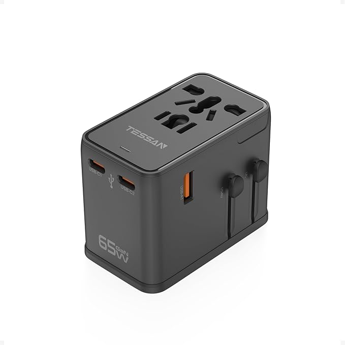 TESSAN Universal Travel Adapter, 65W International Power Adapter with 4 USB Charging Ports (2 USB C), Worldwide Plug Adaptor for US to Europe UK Italy Spain France Ireland Australia (Type C G A I)