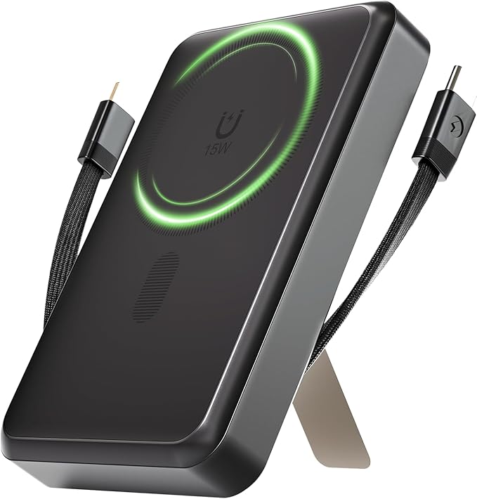 Magnetic Power Bank 10000mAh, 4-in-1 Portable Charger with Built-in USB-C/Lightning Cable Foldable Stand, 15W Fast Wireless Charging Battery Pack for Samsung, Android, iPhone, Travel Essential