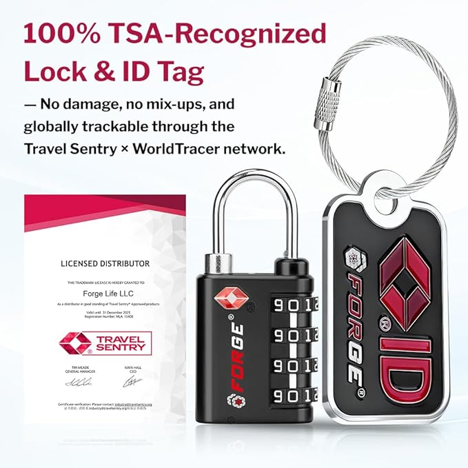 Forge Dual-Opening: Key or Combination Lock, TSA Approved Lock for Luggage, Pelican case, Travel, Gym, School, Luggage Combination Lock, Travel Bag Lock (Black 2 Locks and 2 ID)