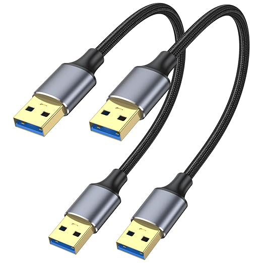 USB 3.0 Cable 1FT 2-Pack, Short USB A Male to Male Cord Double Sided Cable Compatible with Hard Drive, Laptop Cooler, DVD Player and More