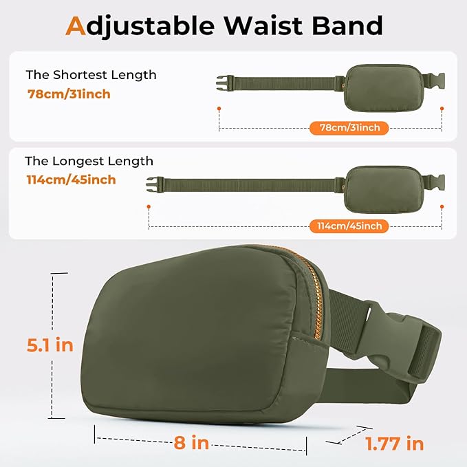 Belt Bag Zipper Fanny Pack Crossbody Bags for Women,Fashion Nylon Waist Packs, Water Repellent Two Way wear with Adjustable Strap Gifts for Teenage Girls Women Men(dark green)