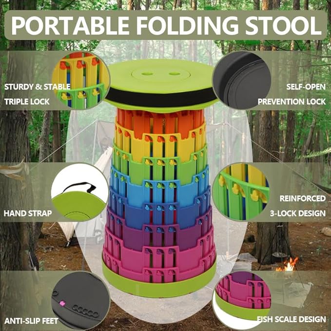 JAEMEYEM Collapsible Stool Chair, Upgraded Folding Stool for Adults Lightweight, Sturdy, Adjustable, Portable, Foldable Seat Sturdy Stools for Outdoor Camping Fishing Hiking Gardening BBQ
