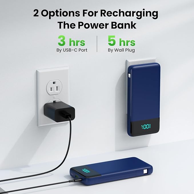 Portable Charger with Built-in AC Plug and Cables,13800mAh All in One USB C Fast Charging Power Bank,Travel Essentials Portable Phone Charger Battery Pack for iPhone 17/16/14,Galaxy,Android-Dark Blue