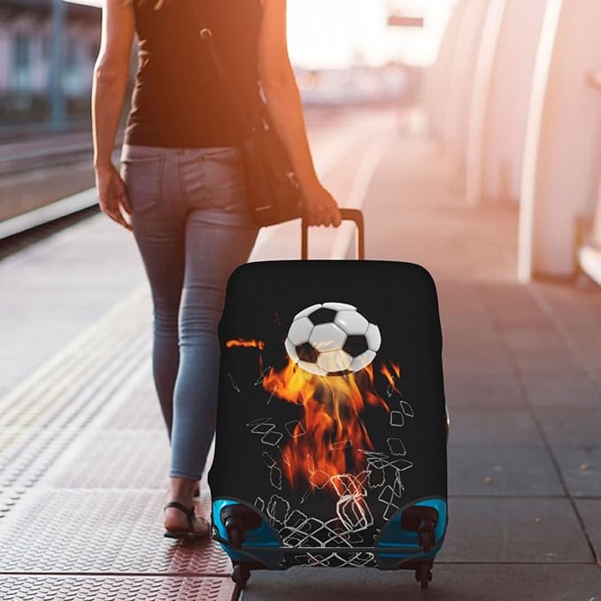 Travel Luggage Cover Suitcase Protector, Soccer Football Ball Breaking Nets Thickened Washable Elastic Anti-scratch Luggage Sleeve with Concealed Zipper for Wheeled Suitcase Fits 25-28 Inch Luggage