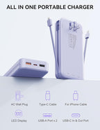 Portable Charger, 20000mAh 22.5W Fast Charging Power Bank with Built-in Cables & Wall Plug, USB C External Battery Pack with LED Display, Travel Essentials Phone Charger for iPhone iPad Samsung Purple