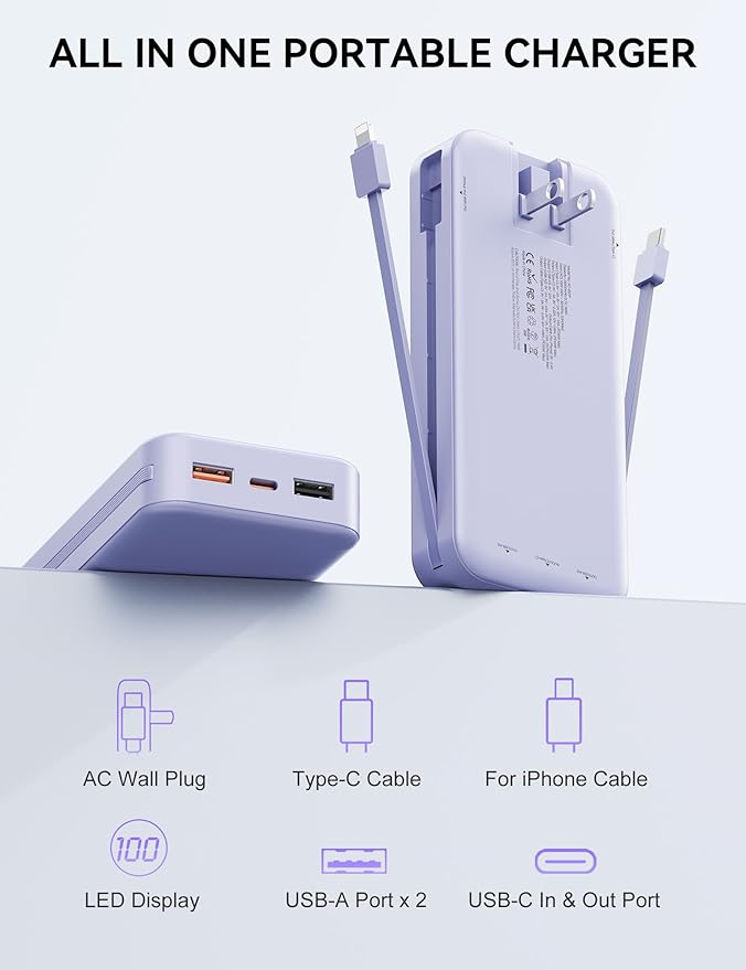 Portable Charger, 20000mAh 22.5W Fast Charging Power Bank with Built-in Cables & Wall Plug, USB C External Battery Pack with LED Display, Travel Essentials Phone Charger for iPhone iPad Samsung Purple
