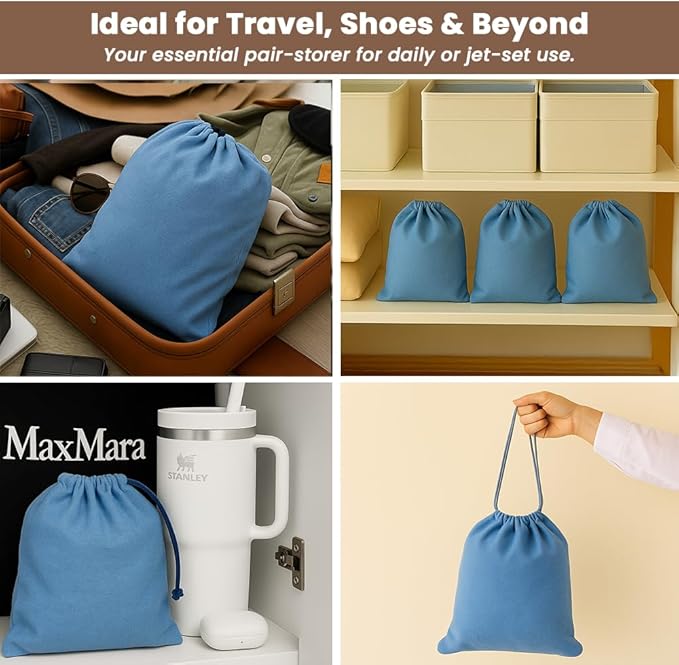 LFH Cotton Rich Shoe Storage Bags with Drawstring, Breathable Reusable Organizer, Perfect For Travel, Dorm, Hotel, College, Gym, Easy to Carry, Machine Washable 12"x17" (Pack of 6) - Sky Blue