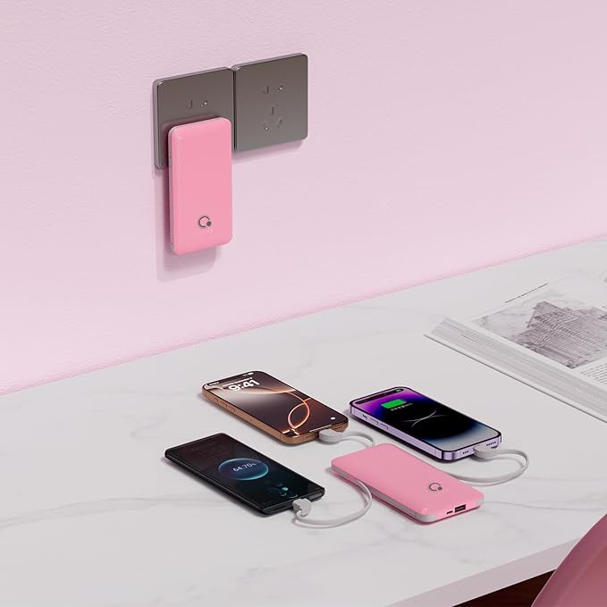 Q Portable Charger with Built-in Cables and AC Wall Plug, USB C External Battery Pack, 10000mAh Travel Essentials Power Bank Compatible with iPhone 16/15/14/13, Samsung Galaxy, Pixel,Tablet and More