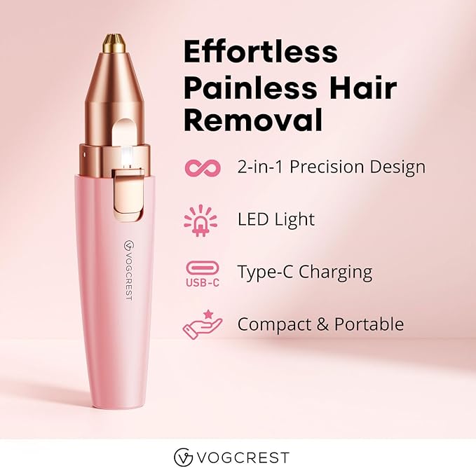VG VOGCREST Eyebrow Facial Trimmer: 2 in1 Rechargeable Facial Hair Removal and Eyebrow Shaver - Face Lips Body Painless Facial Razor with Built-in LED Light (Pink)