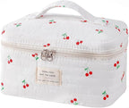 uekeboag Large Travel Quilted Makeup Bag for Women, Floral Cotton Cosmetic Bag, Coquette Aesthetic Floral Toiletry Organizer Bag