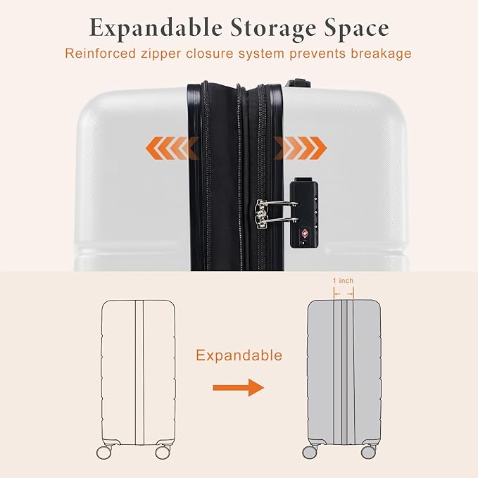 Sweetcrispy Carry on Luggage, Hard Shell ABS Suitcase with Double Spinner Wheels, Lightweight Expandable Rolling Suit Case with TSA Lock, 24 Inch Cream White