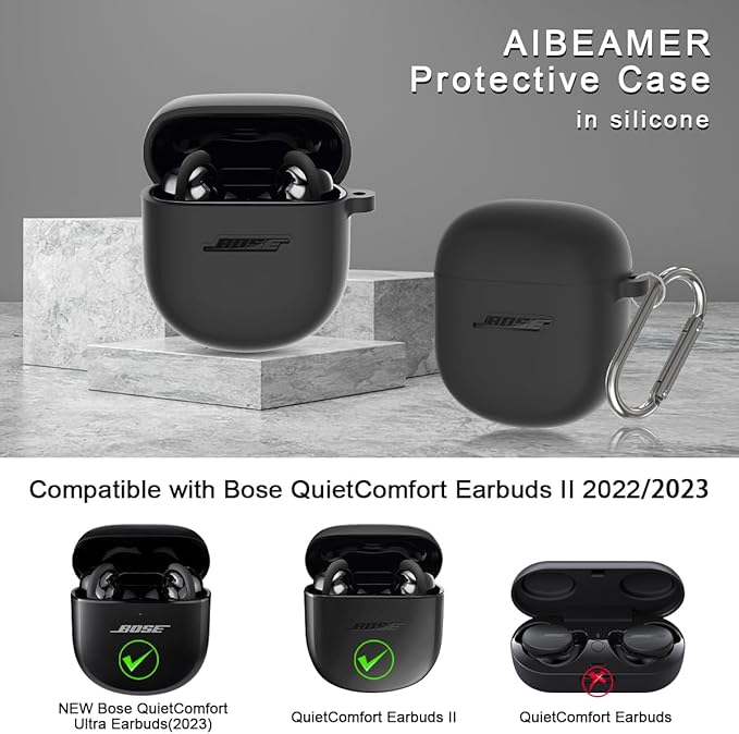 Silicone Case for Bose QuietComfort Earbuds II (2022) & QuietComfort Ultra Case (2023), Shockproof Protective Cover for Bose Earbuds Accessories with Keychain for Men Women (Black)