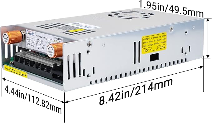 DROK 60V Power Supply, AC 110V 220V to DC 0-60V 0-8A 480W Buck Converter, Amp Adjustable Adapter Regulated 12V 24V 36V 48V 60Volt Switching Voltage LED Transformer Charger for Computer CCTV Lab