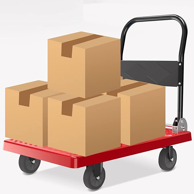 Heavy-Duty Folding Platform Cart with Wheels - Large Plastic Loading Deck Metal Handle Ideal for Luggage Packages and Tools Portable Hand Truck for Easy Transport