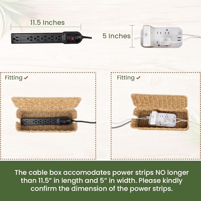 Cable Management Box, Handmade Rattan Cable Organizer with 2 Open Slots, Cord Hider for Power Strip, Router & USB Hub, Registered U.S. Design Patent (D1,112,102), 13" x 5.1" x 5.1", Natural